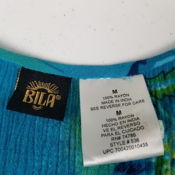 Bila Blue Green Yellow Floral Maxi Short Sleeve Dress Boho Pleated Skirt Size M - Picture 4 of 4